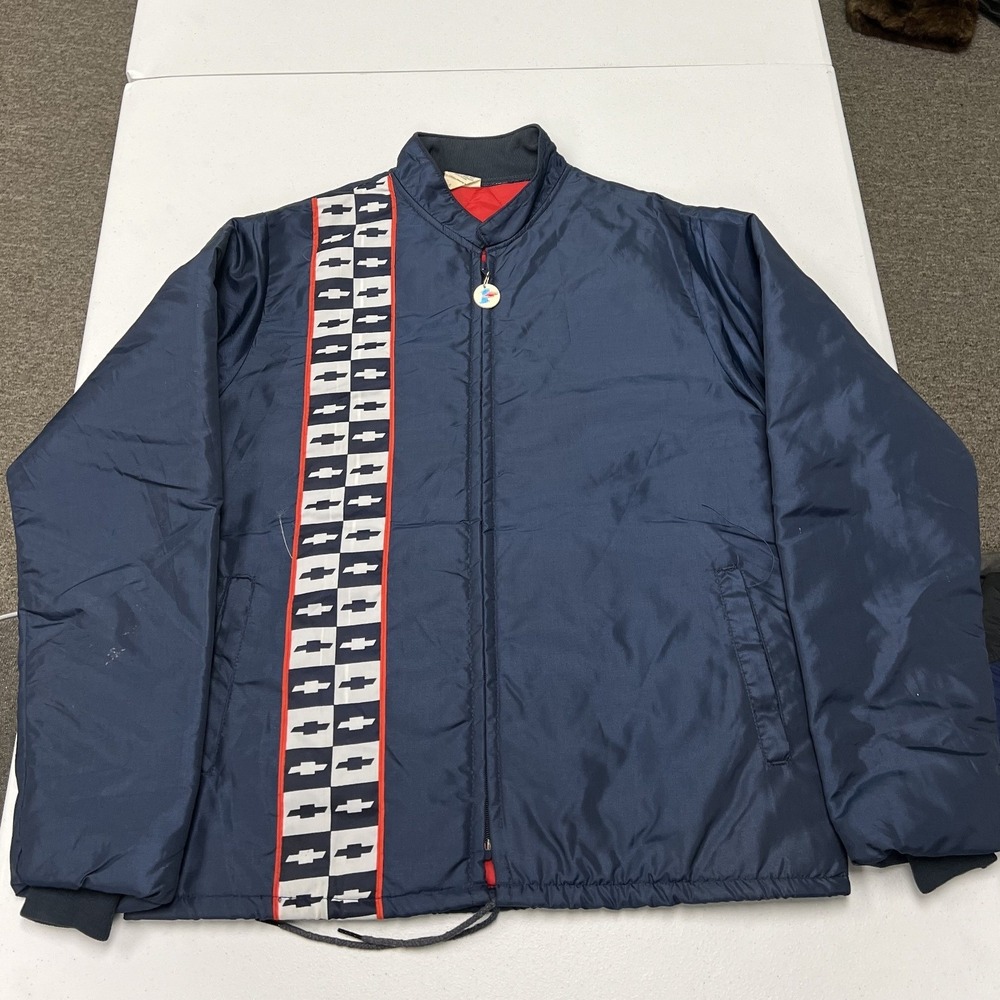 80s Chevrolet Sportswear Racing Jacket Mens S Navy Blue Quilted Checkered Stripe